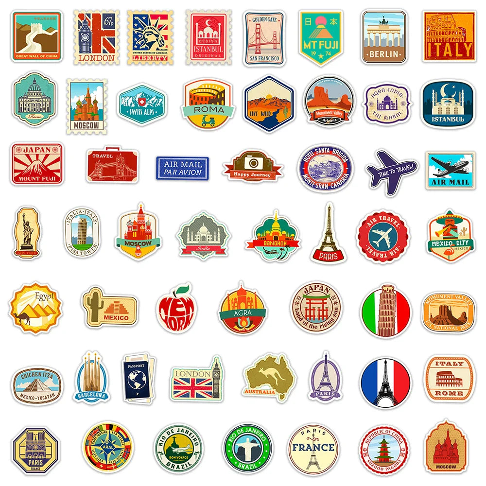 10/30/50pcs Retro Travel Landmark Building Stickers Vintage Decal Skateboard Luggage Laptop Phone Car Waterproof Sticker Kid Toy (ONLINE ORDER ONLY)