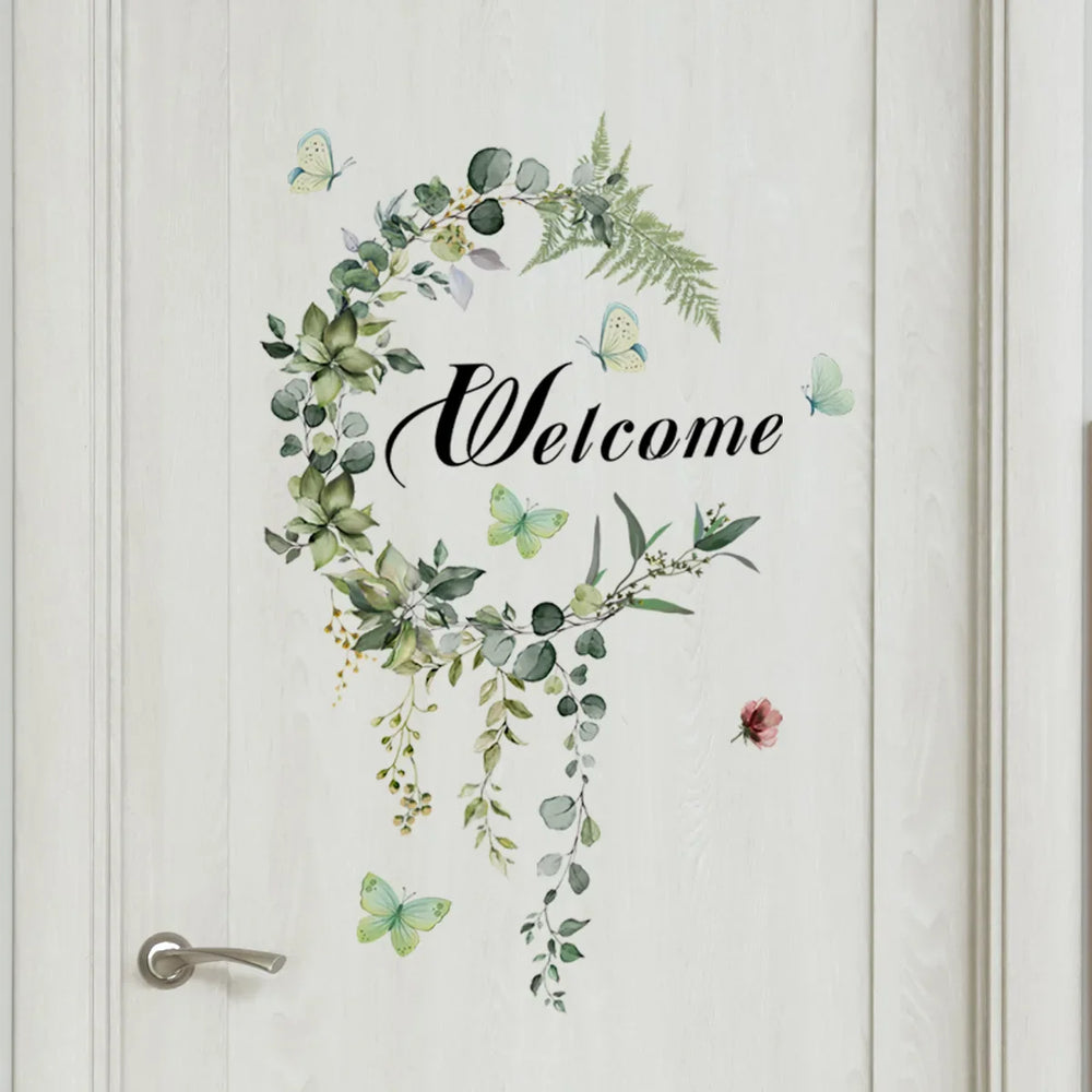 1PCS English Welcome Green Plants Vines Butterfly Door Stickers Bathroom Decoration Vinyl Home Decor Decals Waterproof Wallpaper (ONLINE ORDER ONLY)