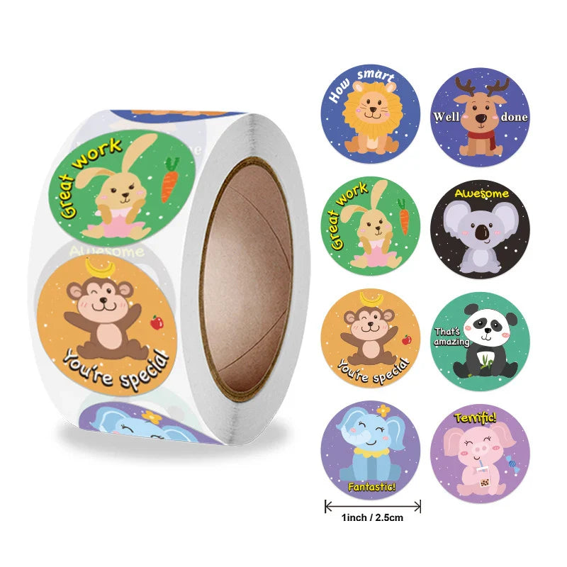 100-500pcs Animal Reward Stickers Adorable Round Kids Motivational Sticker Cartoon Incentive Teacher Gift Sealing Label (ONLINE ORDER ONLY)