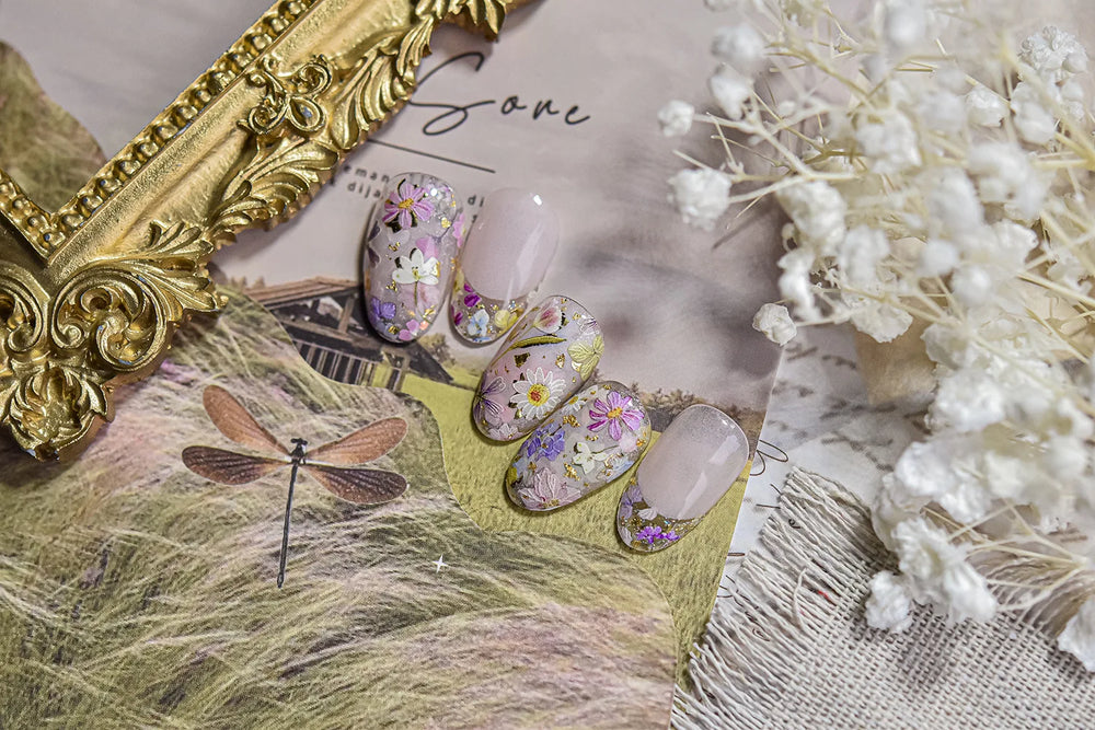 Gold Foil Dried Flowers Leaf Floral Print Daisy Rose Flower Peach Blossom Adhesive Nail Art Decoration Sticker Manicure Decals (ONLINE ORDER ONLY)