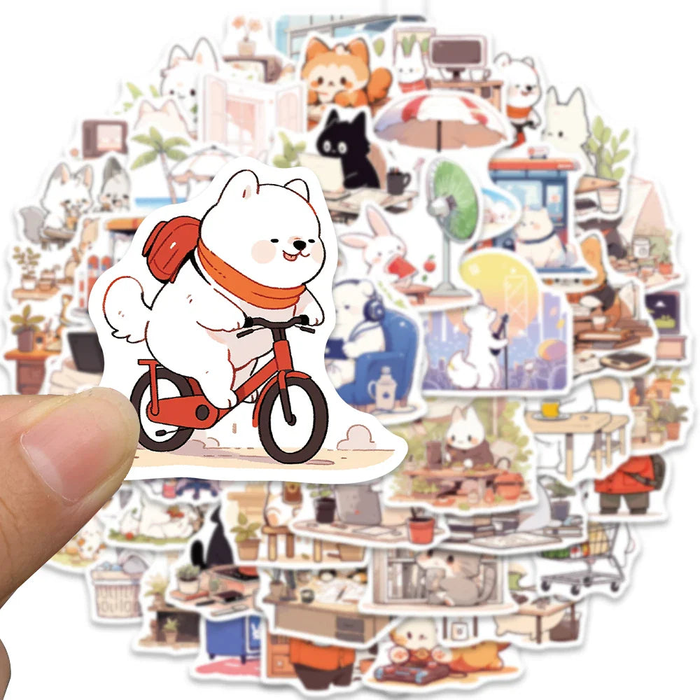 50pcs Cute Cartoon Animals Daily Life Stickers Vinyl Laptop Decals Luggage Skateboard Guitar Phone Waterproof Graffiti (ONLINE ORDER ONLY)