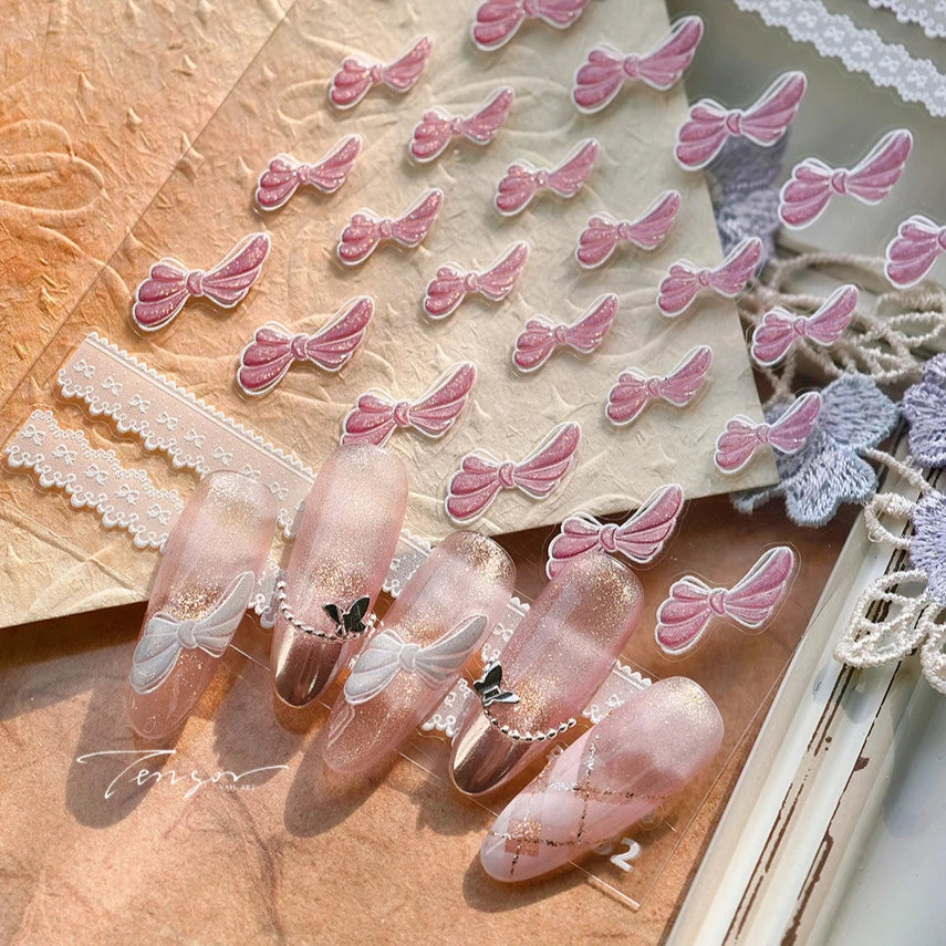 Pink White Bowknot Jelly Knot Lace Delicate Decorative Border Shiny 5D Self Adhesive Nail Art Stickers Manicure Decals Wholesale (Online Order Only)