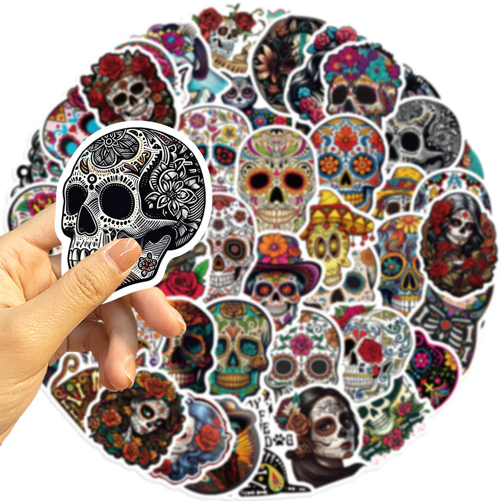 50pcs Mexican Day of the Dead Graffiti Sticker Skateboard Suitcase Guitar Kettle Deco Laptop Waterproof Phone Case Stickers (Online Order Only)