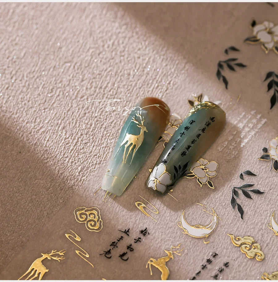 Chinese Style Gold Stamped God Deer Moon Auspicious Clouds Crane Lotus Flower 3D Self-adhesive Nail Art Stickers Manicure Decals (ONLINE ORDER ONLY)