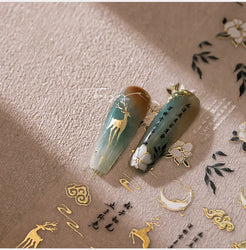 Chinese Style Gold Stamped God Deer Moon Auspicious Clouds Crane Lotus Flower 3D Self-adhesive Nail Art Stickers Manicure Decals (ONLINE ORDER ONLY)