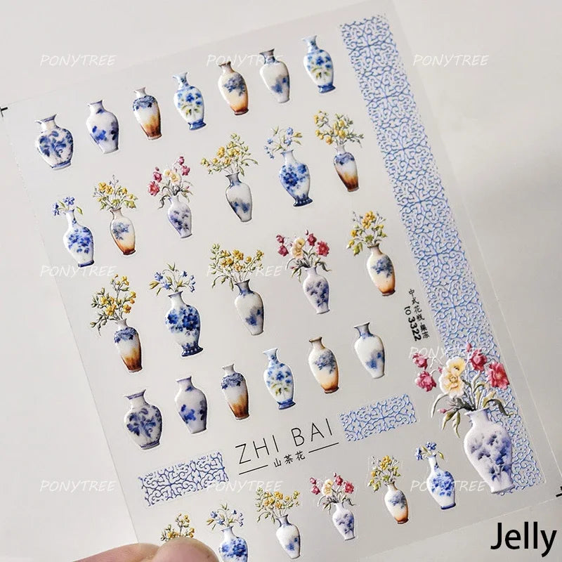 Retro Blue Lotus Flower Arrangement Vase Lantern Totem Pattern Bamboo Leaf Self Adhesive Nail Art Stickers Shiny Manicure Decals (ONLINE ORDER ONLY)