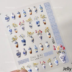 Retro Blue Lotus Flower Arrangement Vase Lantern Totem Pattern Bamboo Leaf Self Adhesive Nail Art Stickers Shiny Manicure Decals (ONLINE ORDER ONLY)