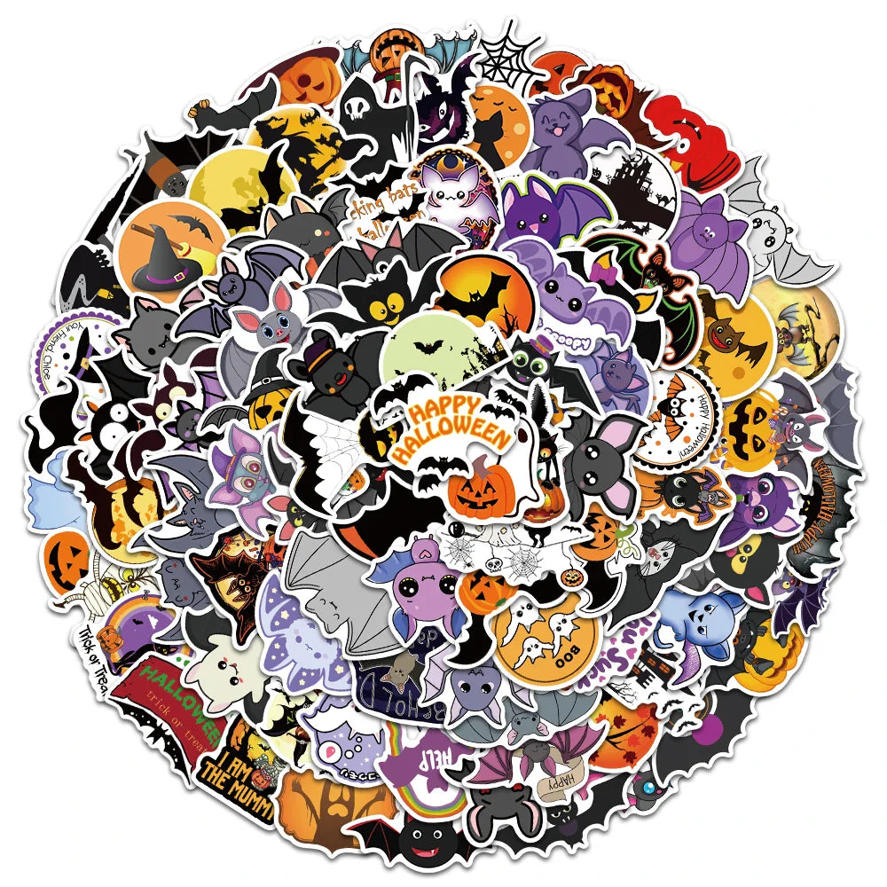 50/100pcs Cute Cartoon Halloween Bats Stickers Kids Toy Waterproof Graffiti For Laptop Guitar Water Bottle Bicycle Car Decals (ONLINE ORDER ONLY)
