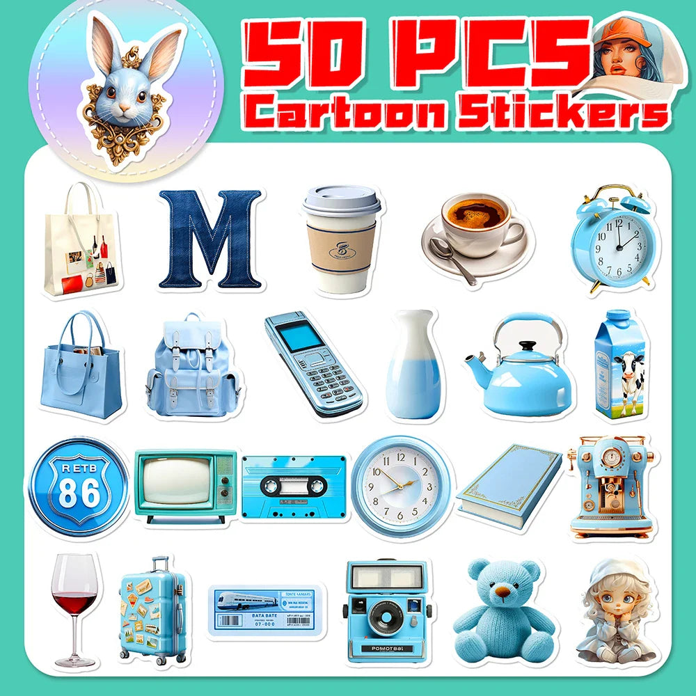 10/30/50PCS Cartoon Ins Style Blue Sticker Waterproof Graffiti Kids Toys DIY Skateboard Phone Suitcase Notebook Bike Wall Decals (ONLINE ORDER ONLY)