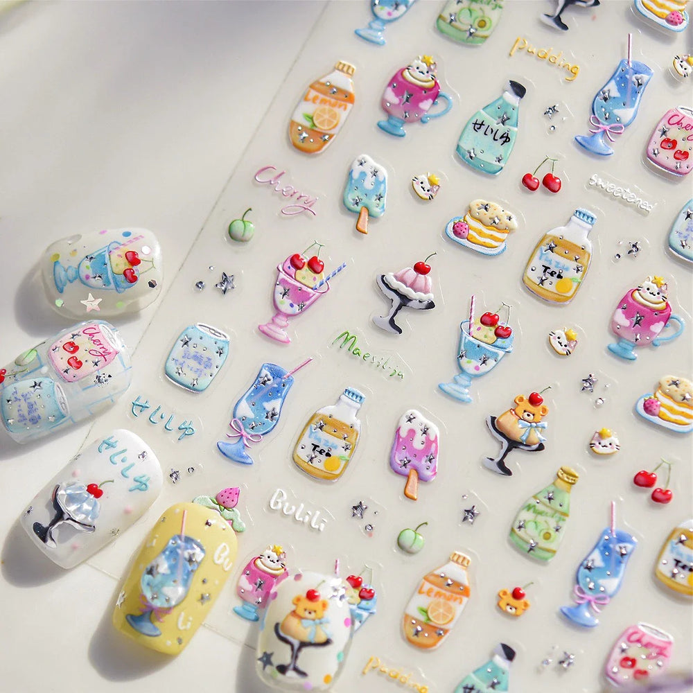 Soda Fruit Beverage Bottle Bear Watermelon Popsicle Dessert Ice Cream Cat Cherry Strawberry Bow Summer Nail Art Stickers Decals (ONLINE ORDER ONLY)