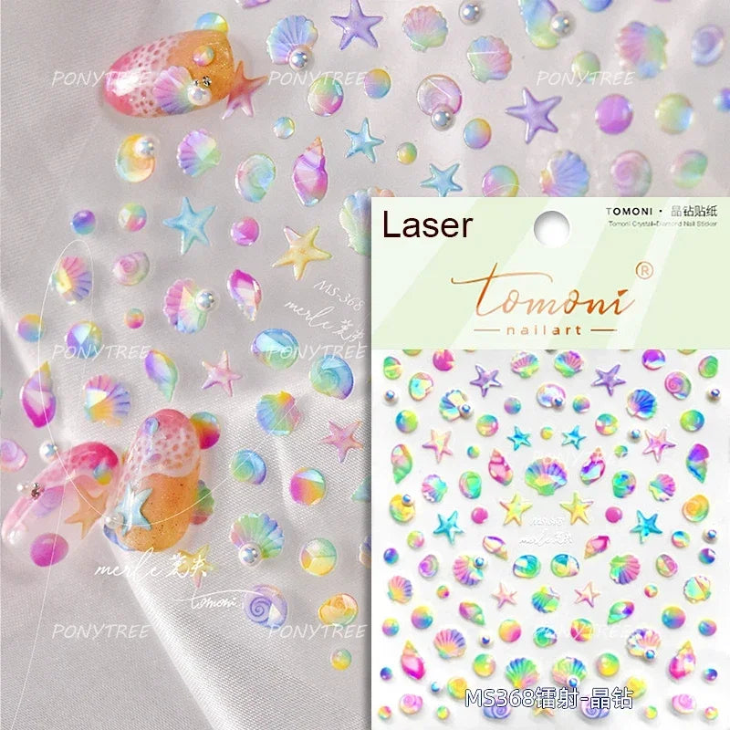 Marine Shell Starfish Ocean Elements Pearl Star Fishing Net Colourful Underwater Organisms 5D Nail Art Stickers Manicure Decals (Online Order Only)