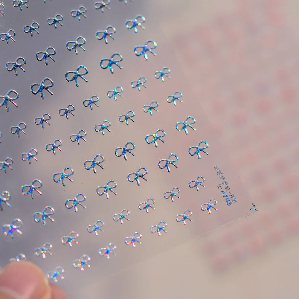 Shiny Pink Silver Gold Bowknot Tie Line Mini Delicate 3D 5D Self Adhesive Nail Art Stickers Embossment Rhinestone Manicure Decal (Online Order Only)