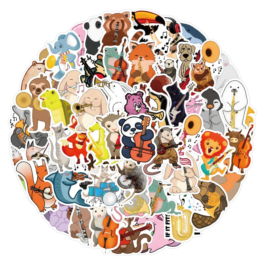 50/100pcs Cute Cartoon Animal Music Band Sticker for DIY Phone Skateboard Guitar Scrapbooking Supplies Stickers Pack Kids Toy (Online Order Only)