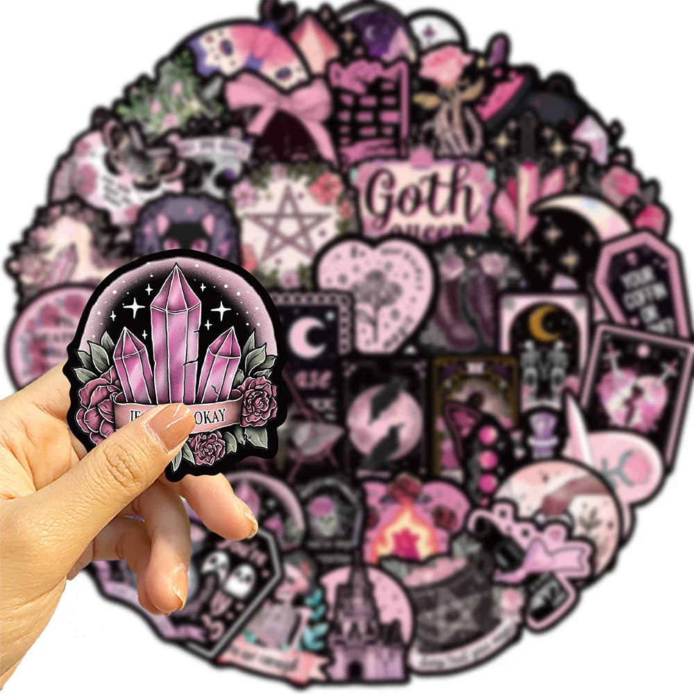 10/30/50pcs Cool Cartoon Black and Pink Gothic Stickers Aesthetic Decals DIY Laptop Notebook Phone Car Fridge Decoration Sticker (Online Order Only)