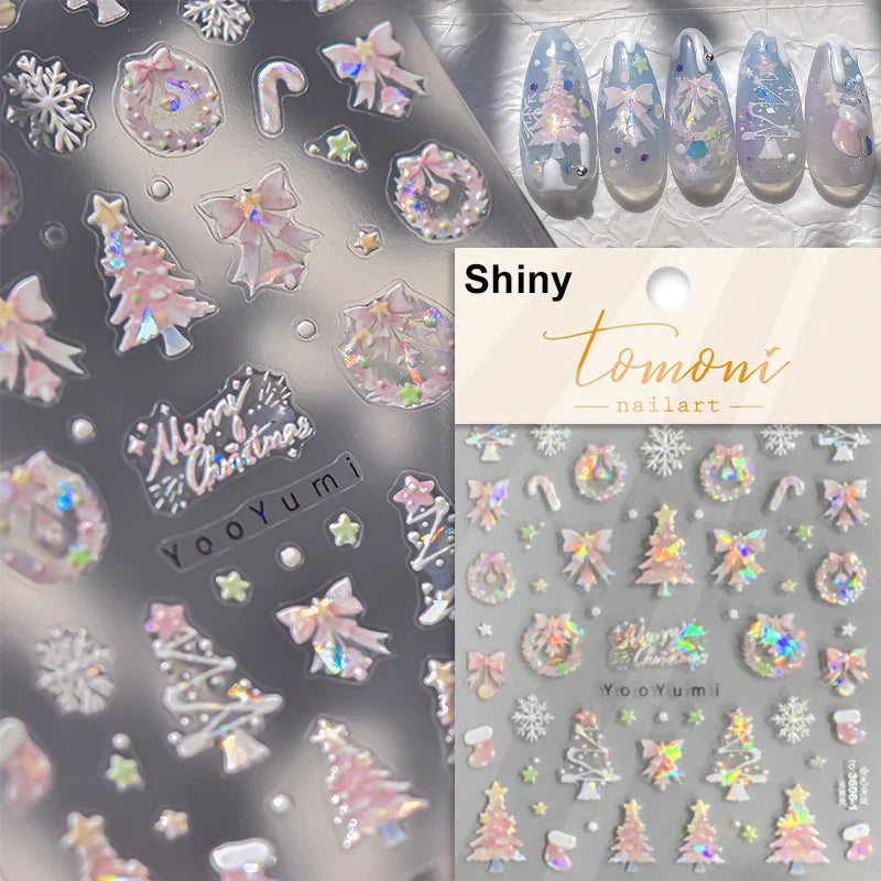 Hot Stamping Romantic White Gold Snowflakes Hexagon Winter 3D Self Adhesive Nail Art Stickers Shiny Rhinestone Manicure Decals (Online Order Only)