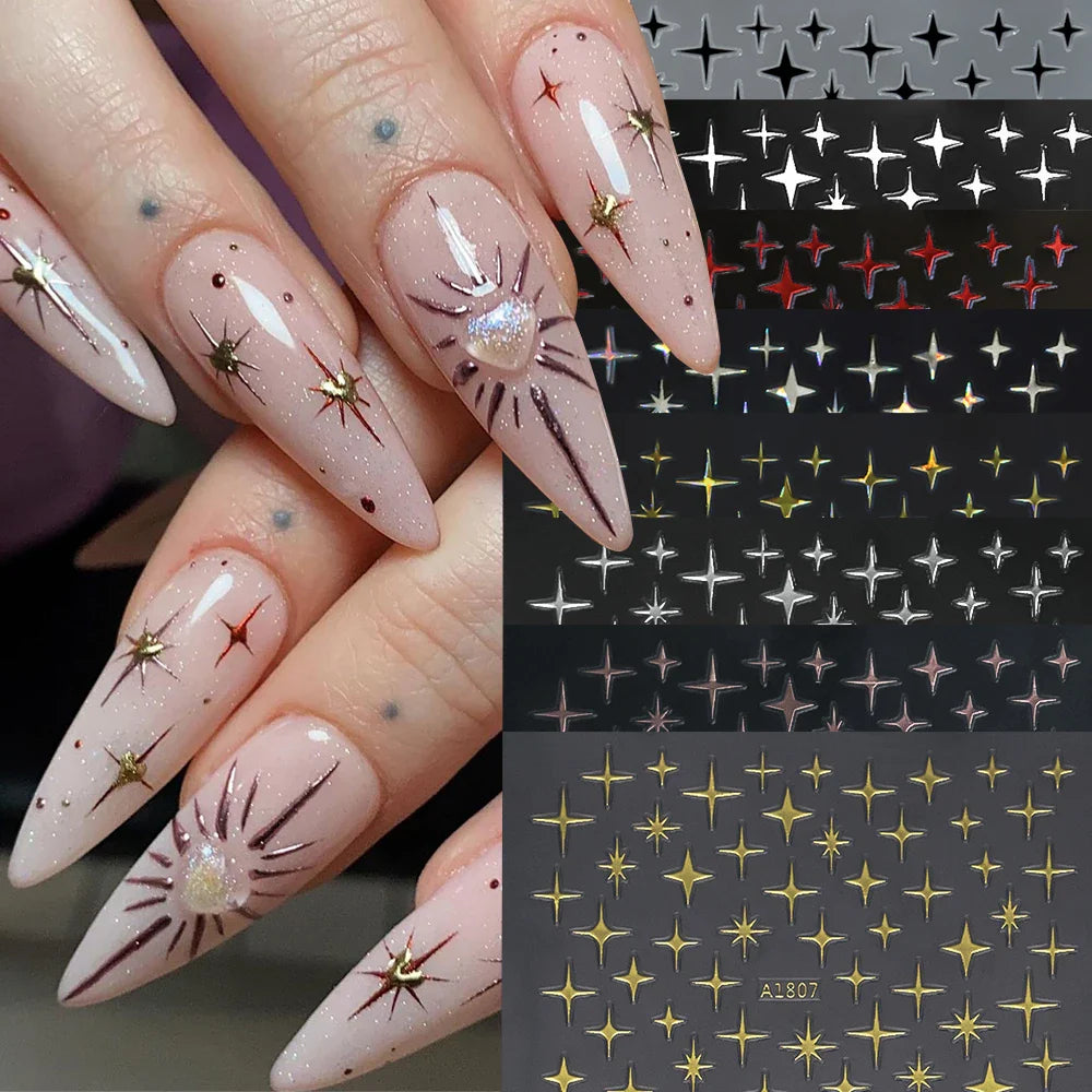 1 Sheet Star Nail Art Stickers 3d Self Adhesive Nail Decals Black White Golden Silver Color Star Design Nail Supplies Accessory (ONLINE ORDER ONLY)