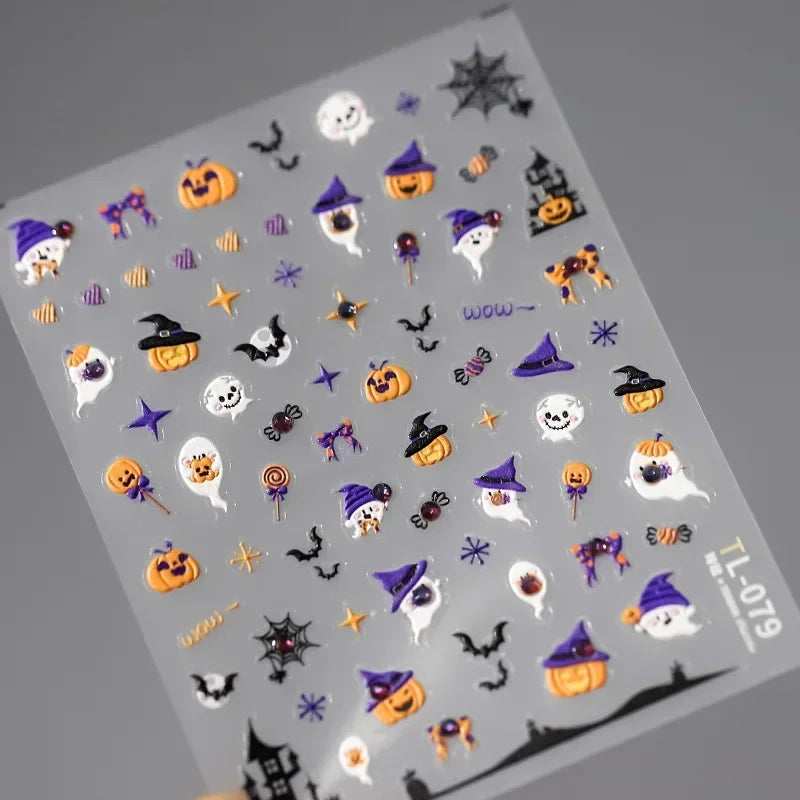 Cat Eye Halloween Terror Spider Cross Rose Love Heart Flower Snake Web Candy Bunny Thrilling Nail Art Stickers Manicure Decals (Online Order Only)