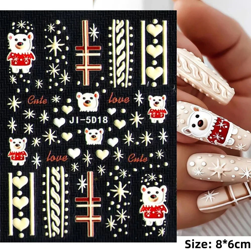 5D Embossed Gingerbread Man Nail Art Sticker Cute Christmas Winter Santa Claus Snowflake Elk Engraved Slider Manicure Decoration (ONLINE ORDER ONLY)