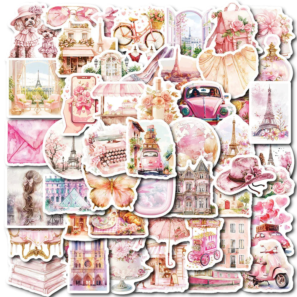 Pink Paris Stickers Set: Cute Aesthetic Decals for Laptop, Phone, Notebook, Suitcase (Online Order Only)