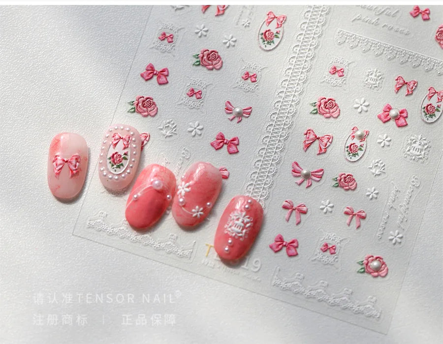 French Chic Mini Pink Rose Flower Bowknot Lace Ribbon Pearl White Little Flower Self Adhesive Nail Art Stickers Manicure Decals (ONLINE ORDER ONLY)
