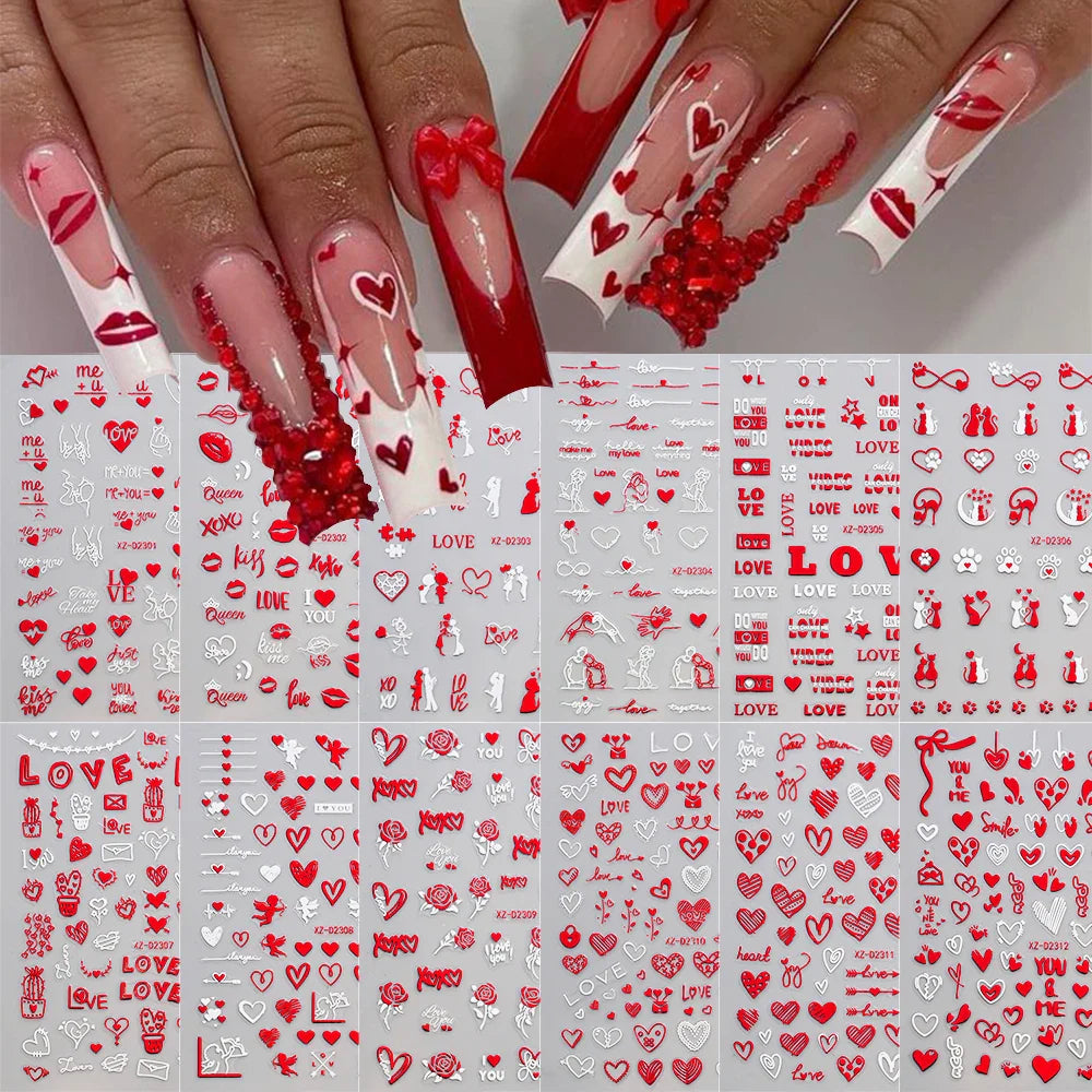 12 Sheets Valentines Nail Stickers Red Heart Nail Art Sticker Decal Solid Hollow Heart 3D Self-Adhesive Design Nail Art Supplies (ONLINE ORDER ONLY)