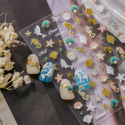 Hot Stamping Seahorse Dolphin Shell Conch Starfish Coconut Tree Jackfruit Water Bubbles Ocean Nail Art Stickers Manicure Decals (ONLINE ORDER ONLY)