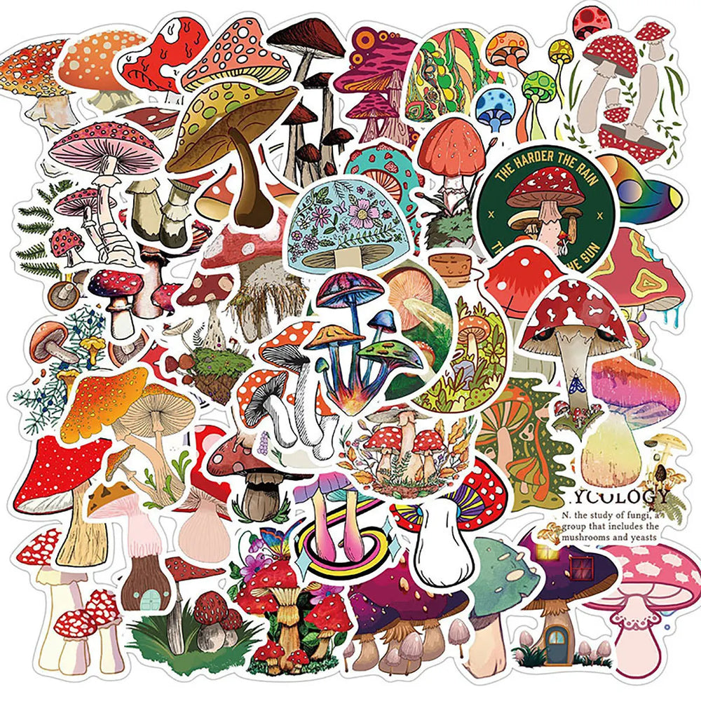 50Pcs Cute Mushroom Stickers for Helmet, Wall, DIY Decoration (Online Order Only)