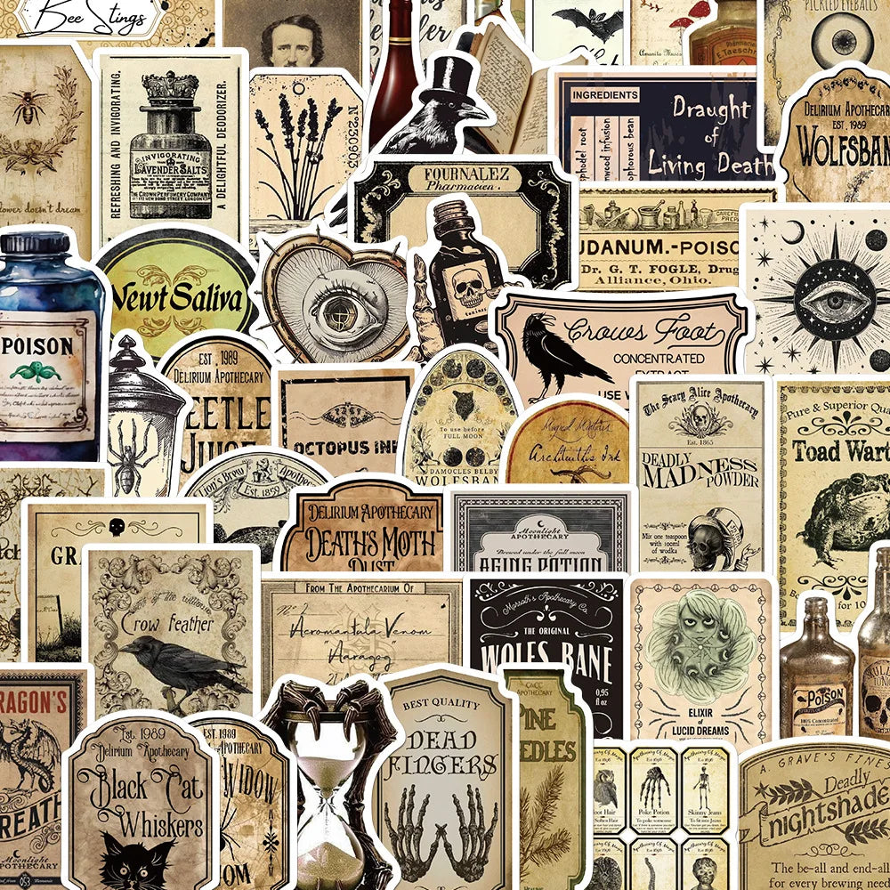10/30/50PCS Vintage Horror Poison Label Stickers Gothic Pharmacist Decals Waterproof Graffiti Toys DIY Skateboard Scrapbook Bike (ONLINE ORDER ONLY)
