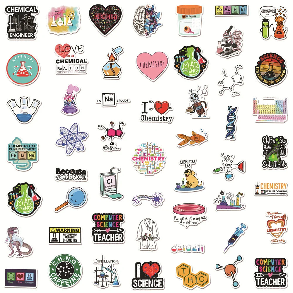 10/30/50pcs Cartoon Science Chemistry Biology Laboratory Waterproof Stickers Decals DIY Laptop Suitcase Diary Decoration Sticker (ONLINE ORDER ONLY)