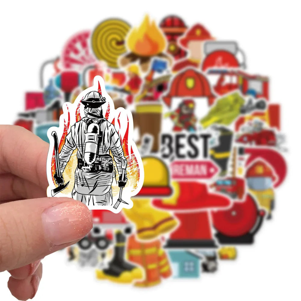 10/52Pcs Cartoon Red Firefighter Waterproof Cool Stickers for Scrapbook Skateboard Snowboard Laptop Luggage Bicycle Kids Toys (ONLINE ORDER ONLY)