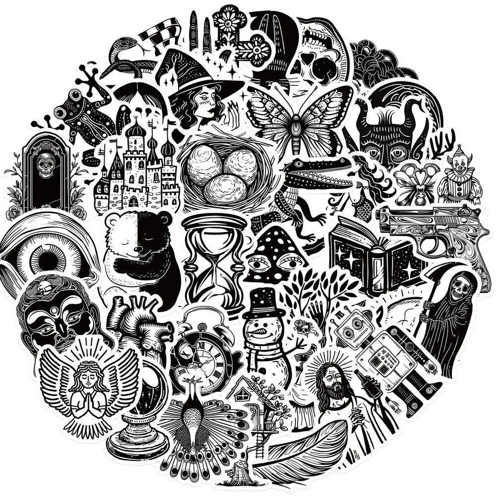 50PCS Gothic Black White Stickers Vintage Suitcase Laptop Waterproof Decals (ONLINE ORDER ONLY)