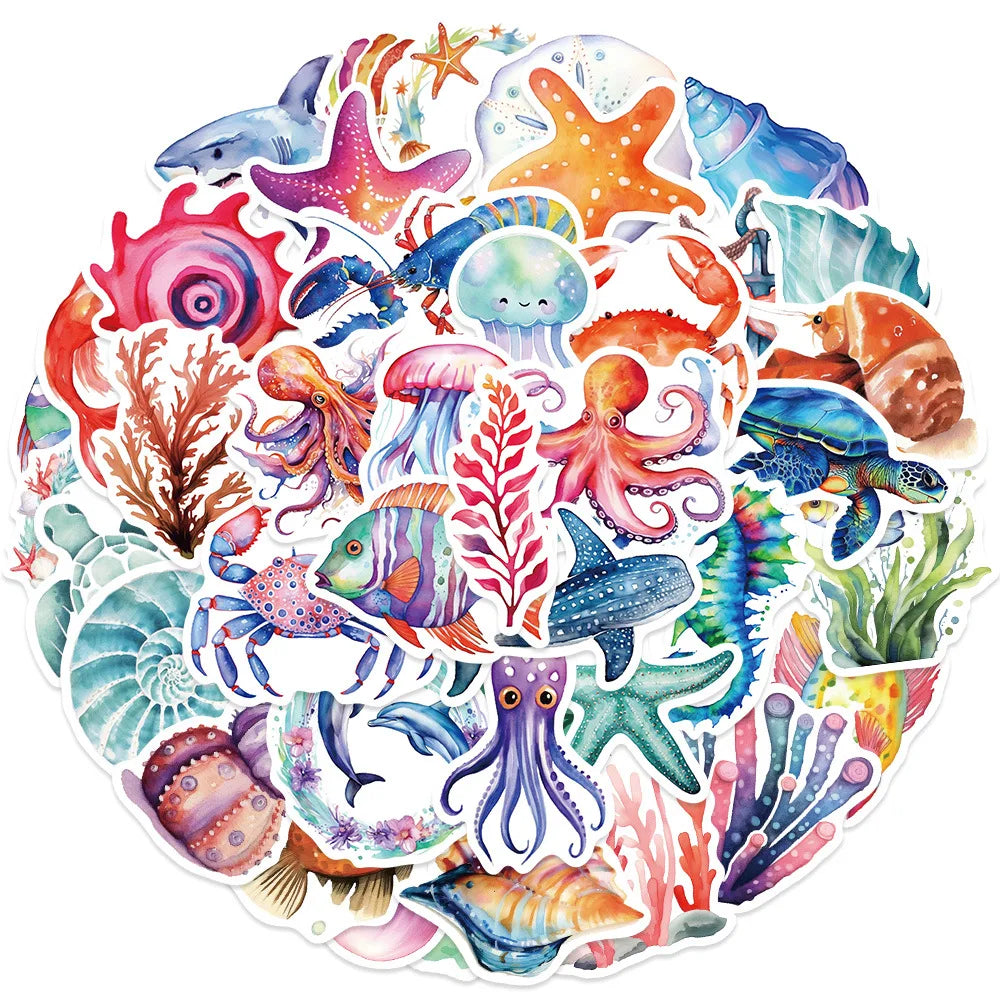 Ocean Cartoon Sea Turtle Shrimp Starfish Stickers for Laptop Luggage Skateboard Decals Kid Gift (Online Order Only)