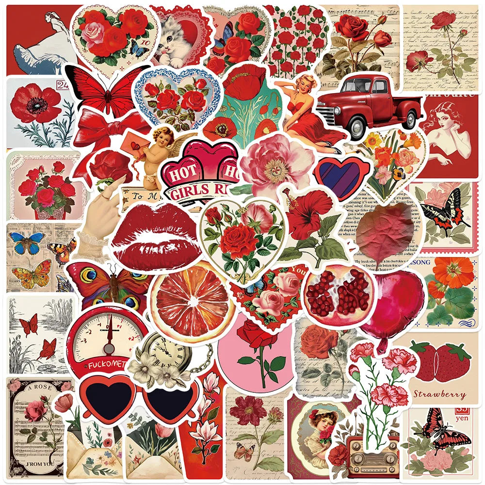 50pcs Aesthetic Cartoon Red Rose Love Heart Stickers For Laptop Water Bottle Luggage Notebook Valentine's Day Vinyl Decals (Online Order Only)