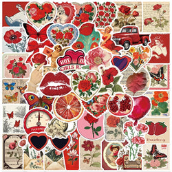 50pcs Aesthetic Cartoon Red Rose Love Heart Stickers For Laptop Water Bottle Luggage Notebook Valentine's Day Vinyl Decals (Online Order Only)