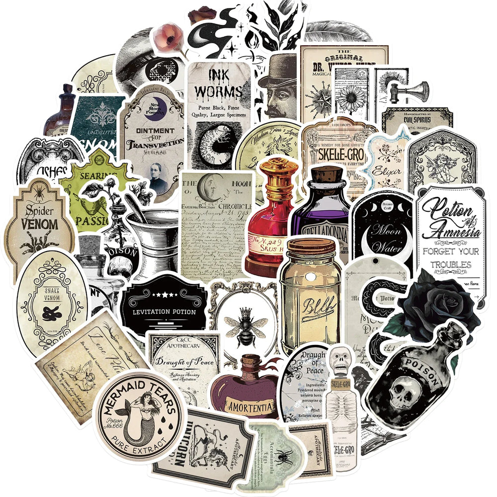 50PCS Retro Potion Label Gothic APothecary Stickers For Helmet Car Skateboard Laptop Phone Sticker DIY Graffiti Cool Decal (ONLINE ORDER ONLY)