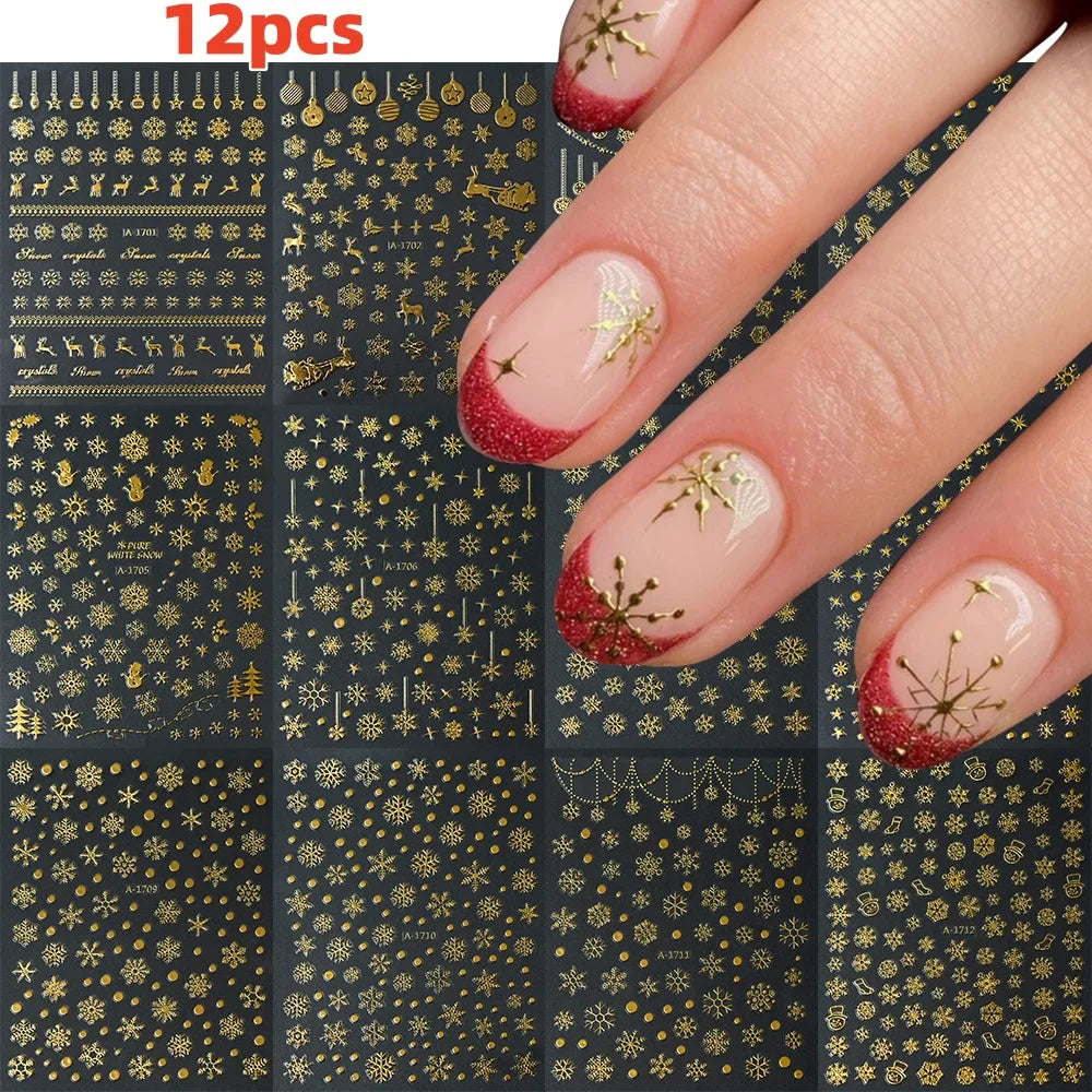 12Pcs 3D Golden Red Glitter Heart Love Nail Sticker Valentine Self Adhesive Cartoon Decal Geometry Lines Stripe Slider Manicure* (ONLINE ORDER ONLY)