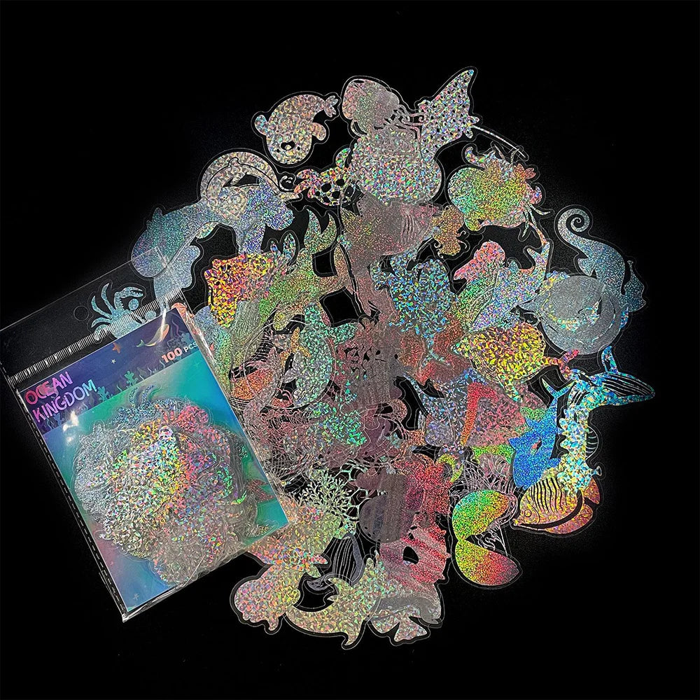 Holographic Marine Life Cartoon Stickers - 10/30/50/100pcs for Luggage, Skateboard, Graffiti (Online Order Only)