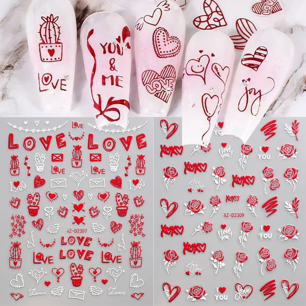 12 Sheets Valentines Nail Stickers Red Heart Nail Art Sticker Decal Solid Hollow Heart 3D Self-Adhesive Design Nail Art Supplies (ONLINE ORDER ONLY)