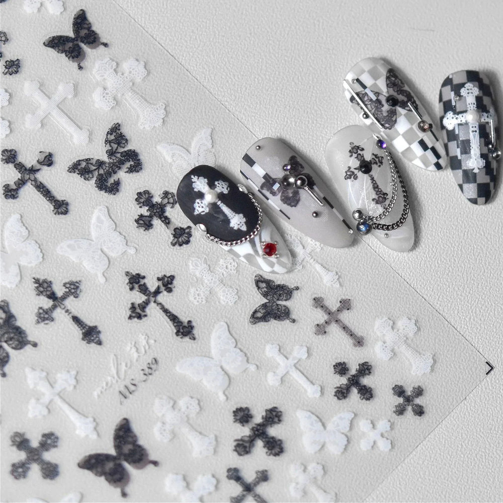 Black White Pearl Lace Butterfly Cross Retro Figure Flower Symmetric Self Adhesive Nail Art Stickers  Manicure Decals Wholesale (ONLINE ORDER ONLY)