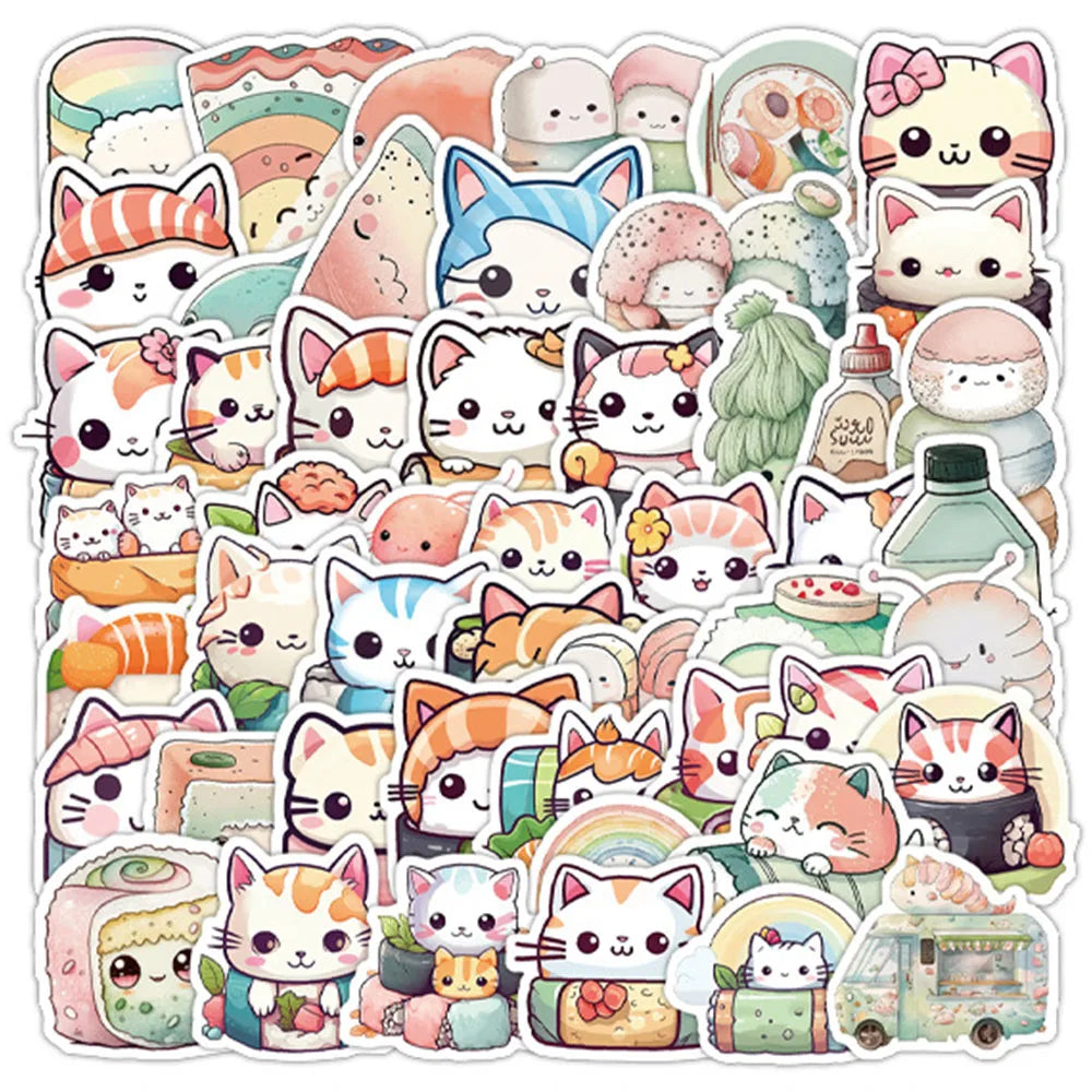 Cartoon Sushi Cat Stickers Pack for Laptop, Phone, Luggage, Stationery (Online Order Only)
