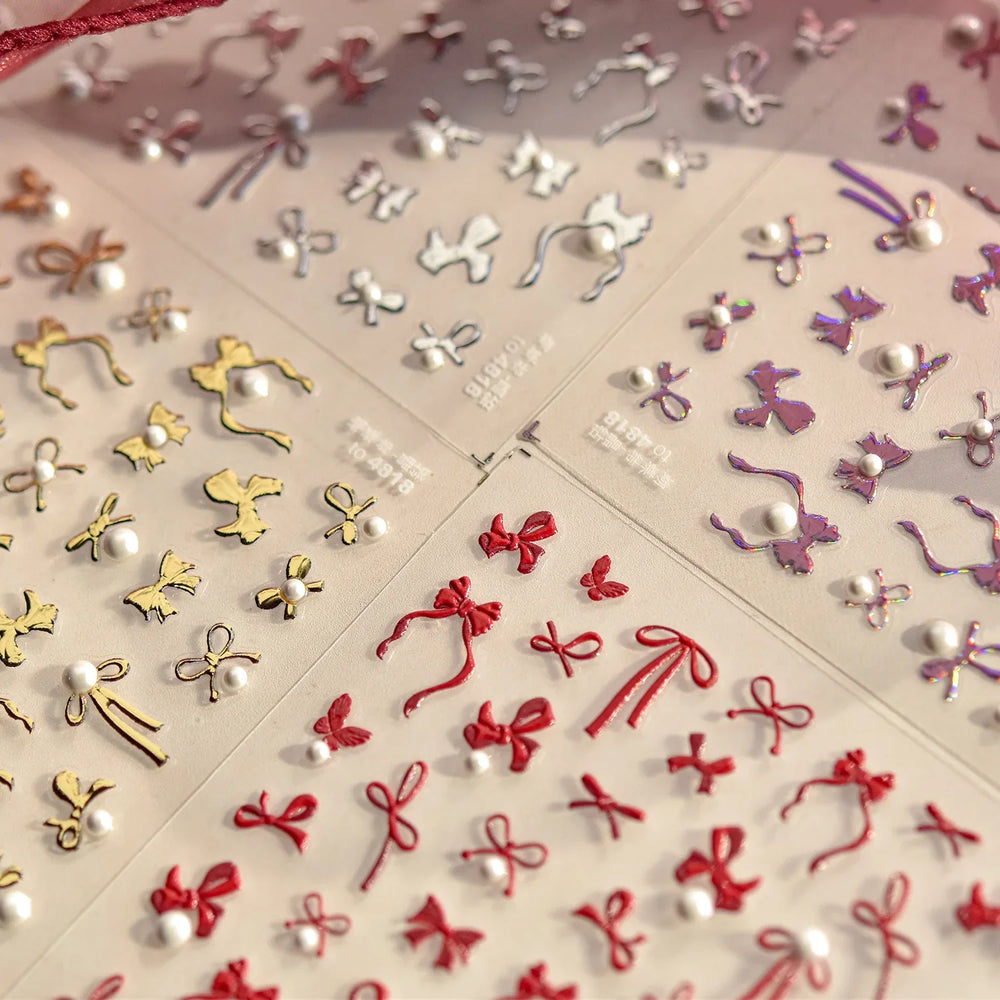 Simple Line Bowknot Red Gold Silver Laser Pink Hot Stamping 3D Self Adhesive Nail Art Stickers Pearl Rhinestone Manicure Decals (ONLINE ORDER ONLY)