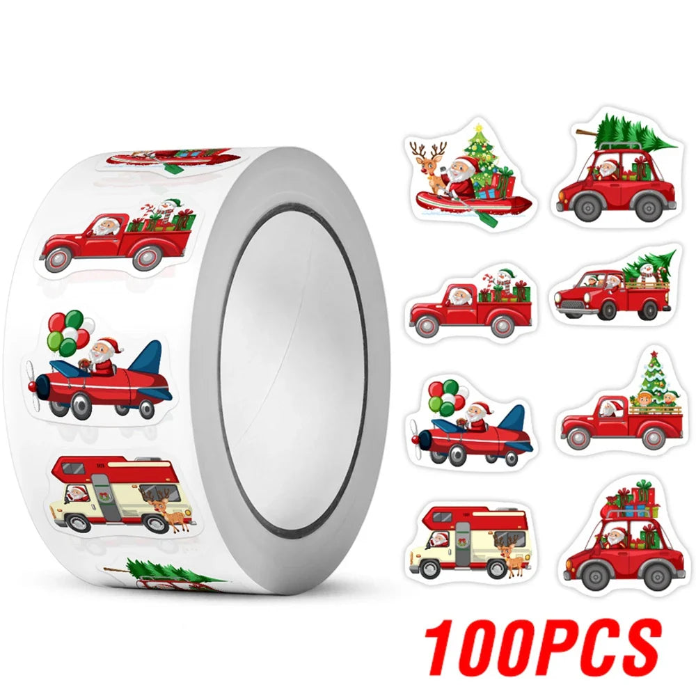 100-500pcs Heterotypic Christmas Themed Santa Claus Transportation Stickers 8 Designs 2.5 cm/1 inch DlY Graffiti Holiday Labels (Online Order Only)