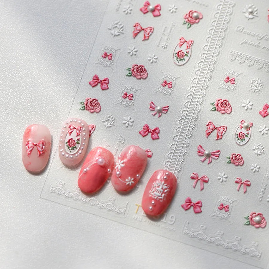 French Chic Mini Pink Rose Flower Bowknot Lace Ribbon Pearl White Little Flower Self Adhesive Nail Art Stickers Manicure Decals (ONLINE ORDER ONLY)