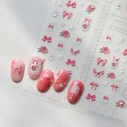 French Chic Mini Pink Rose Flower Bowknot Lace Ribbon Pearl White Little Flower Self Adhesive Nail Art Stickers Manicure Decals (ONLINE ORDER ONLY)