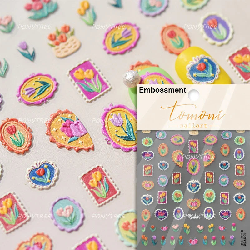 Golden Border Tulip Bloom Flower Bowknot Geometric Frame Metal Workmanship Charming Adhesive Nail Art Sticker Manicure Decals (ONLINE ORDER ONLY)