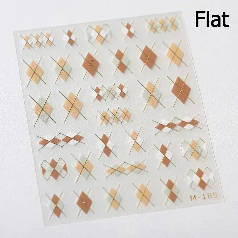 French Style Colorful Square Grid Rhombus Stripe Bowknot Line 3D Self Adhesive Nail Art Stickers Shiny Rhinestone Manicure Decal (Online Order Only)