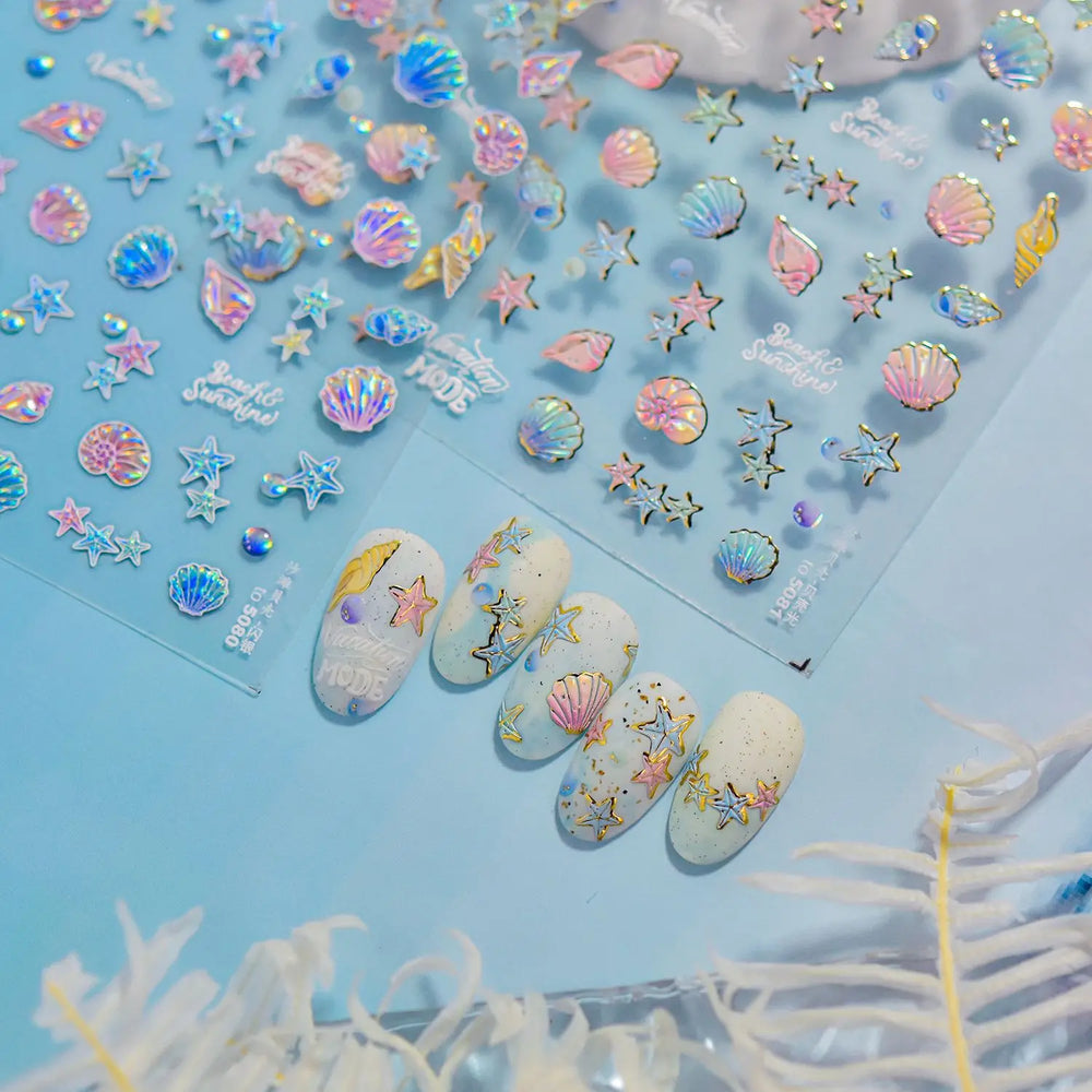 Beach Colourful Conch Dolphin Shell Starfish Jellyfish Star Summer Sea Wave Vacation Mode Water Bubble Nail Art Stickers Decals (Online Order Only)