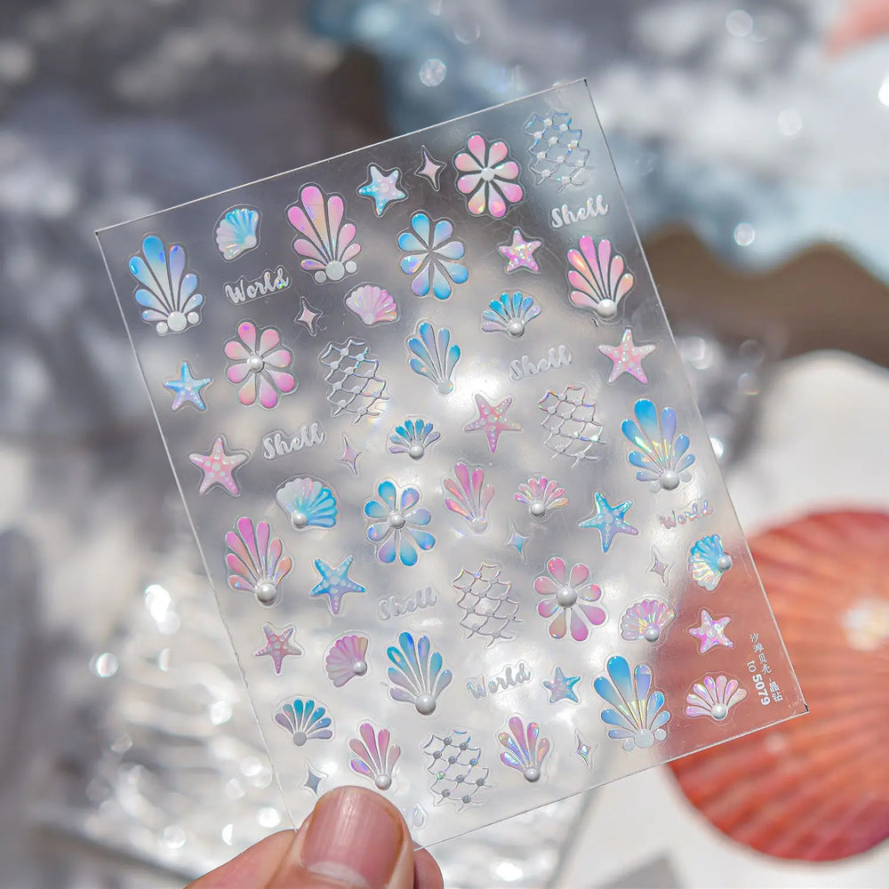 Marine Shell Starfish Ocean Elements Pearl Star Fishing Net Colourful Underwater Organisms 5D Nail Art Stickers Manicure Decals (Online Order Only)