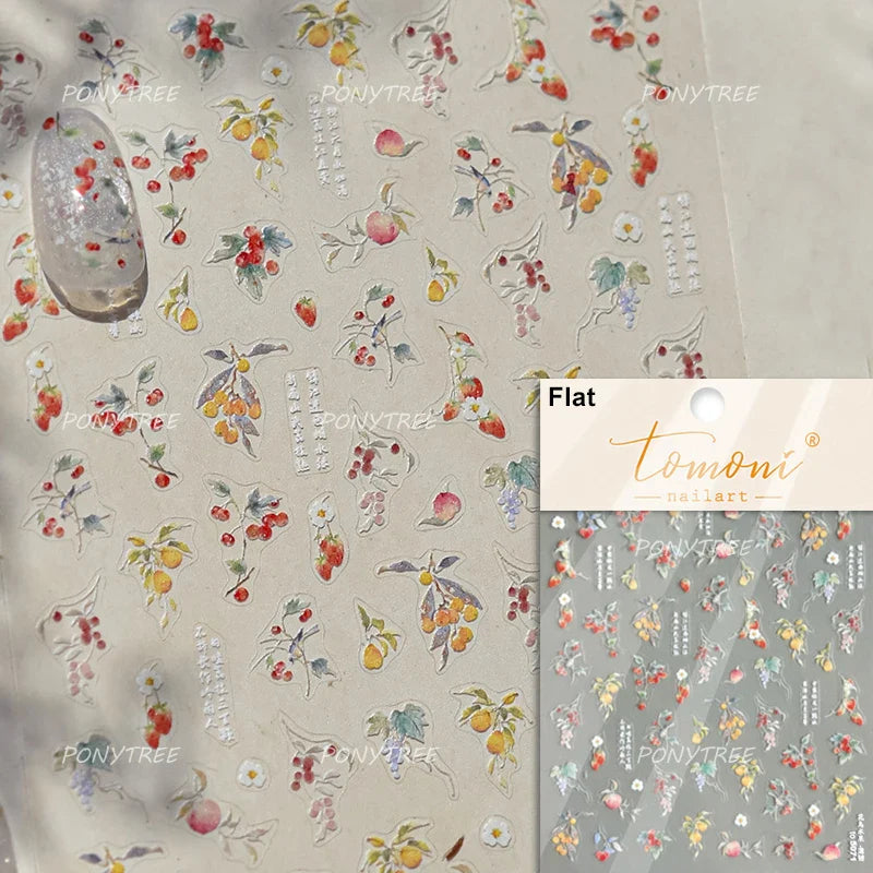 Strawberry Cherry Loquat Longan Peach Grapes Plant Red Bean Fruit Flat Realistic Painting 3D Nail Art Stickers Manicure Decals (ONLINE ORDER ONLY)