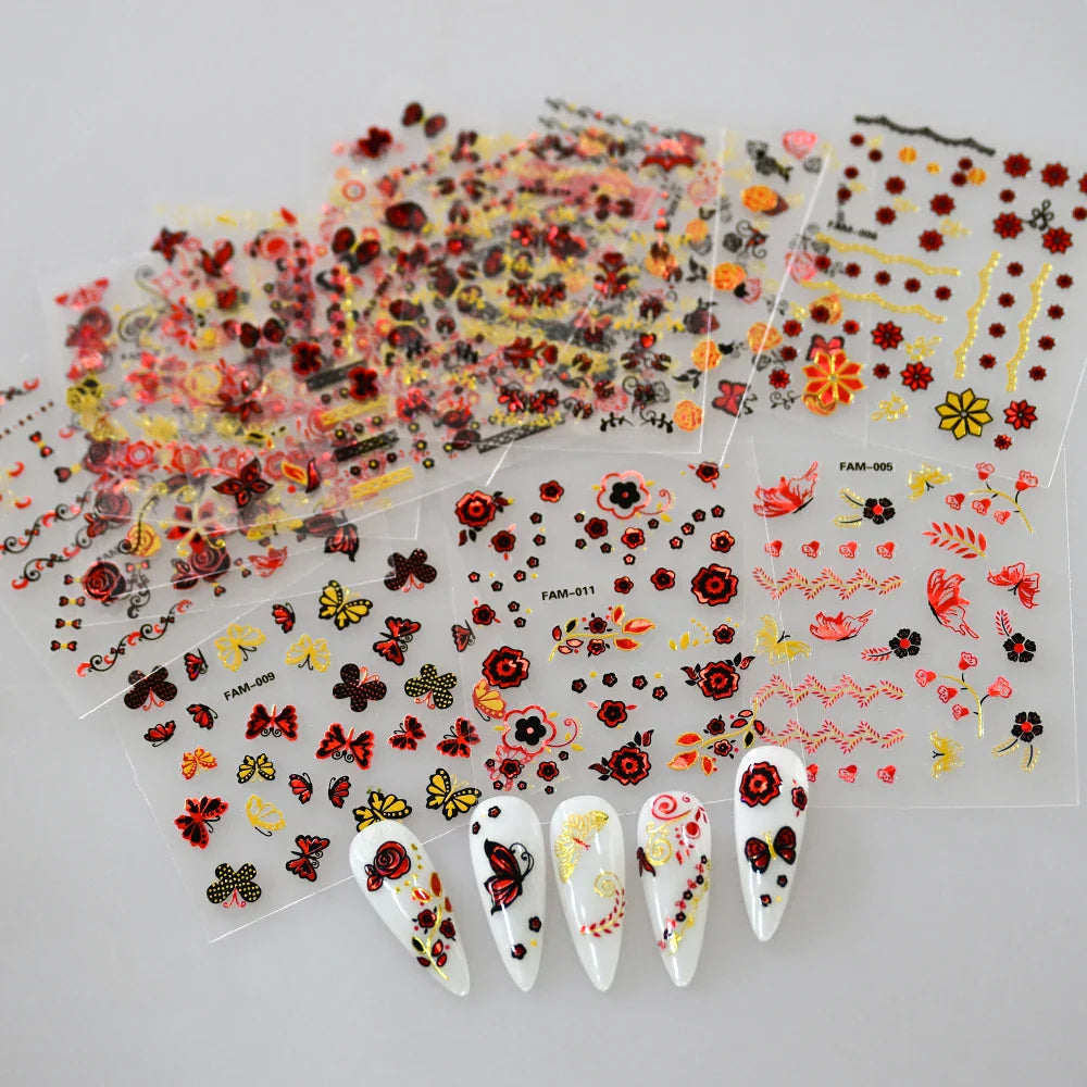 30Pcs/Set Red Golden 3D Nail Art Sticker Hot Stamping Hollow Decals Mixed Designs Adhesive Flower Nail Tips Letter Butterfly Set (Online Order Only)